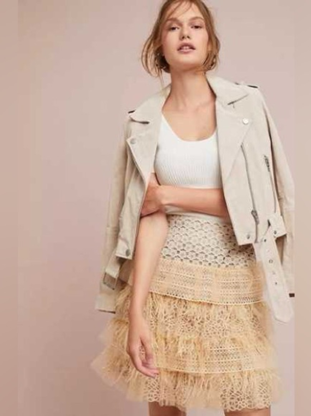 BRONX & BANCO Ivory Tiered Lace + Feather + Tulle Mini Skirt - Size 6